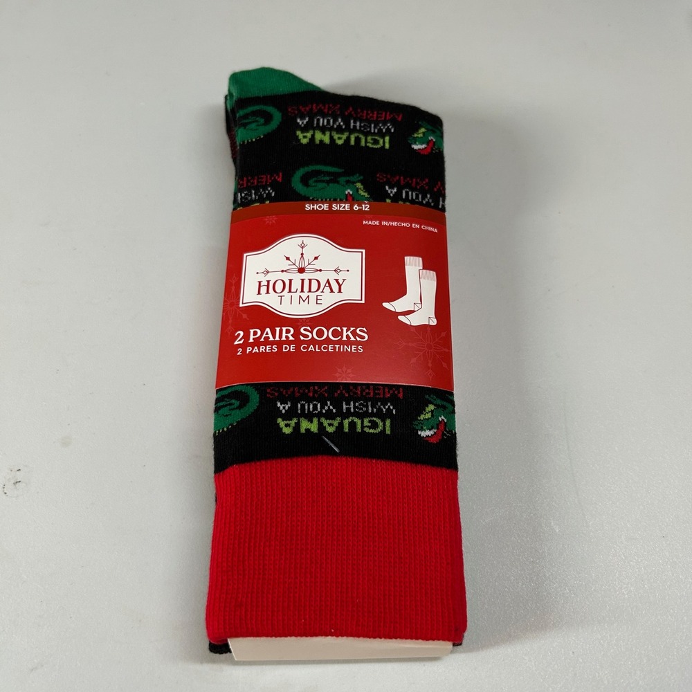 Holiday Time Christmas Socks 2-Pair Pack Iguana Buffalo Check Shoe Size 6-12 NWT